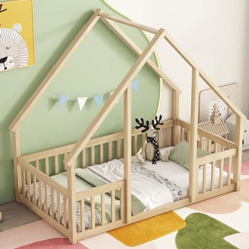 Twin Size Montessori Floor Bed with Fence, Natural Solid Wood Frame