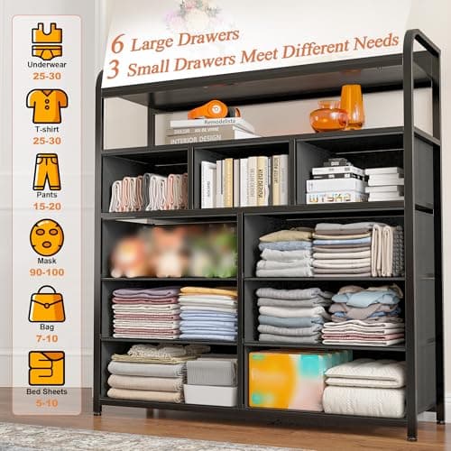 Dark Grey Fabric Dresser with 9 Drawers & 2 Shelves, Metal Frame