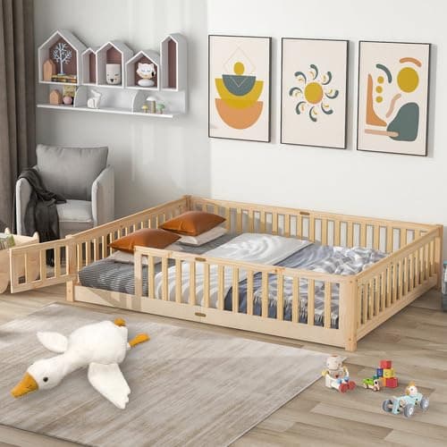 JINS&VICO Full Size Montessori Floor Bed with Door & Safety Guards, White