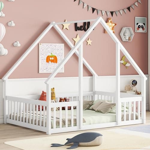 Wooden Montessori Full Floor Bed for Kids with Fence, Playhouse Play Bed - White