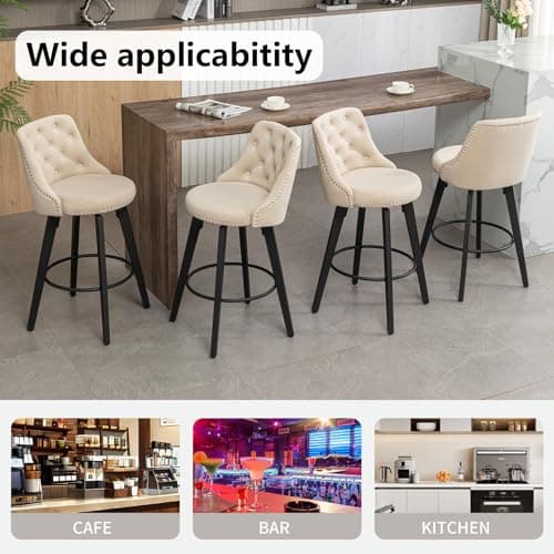 Beige Velvet Button Back Bar Stool Set, 4 Pack for Kitchen Island