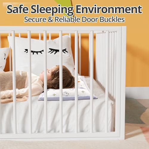 Montessori Metal Safety Guardrail Floor Bed for Kids, White