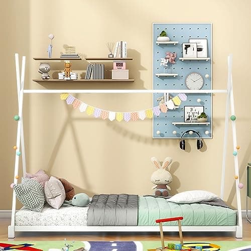 LUSPAZ Beige Queen Size Floor Bed with Shell Headboard and Vertical Seams