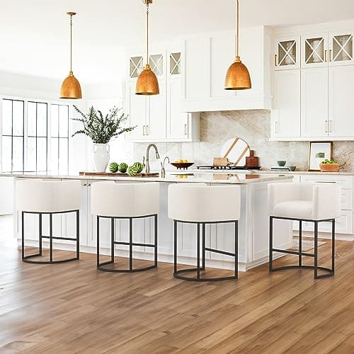 LUE BONA Black Metal Bar Stools, 27" Counter Height, Set of 4, Linen Upholstered Beige