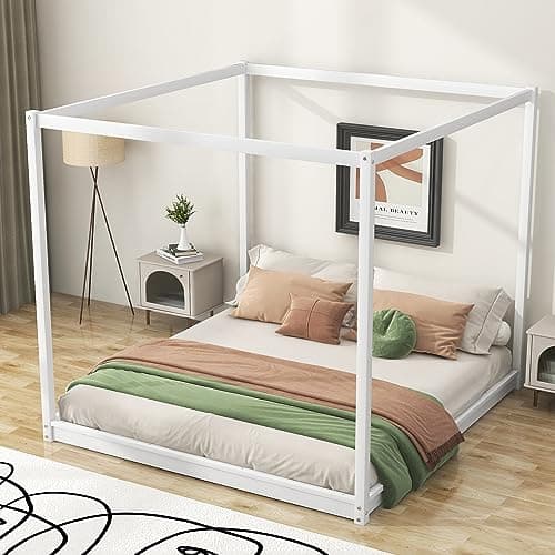 Merax Modern Queen Size Wood Canopy Bed - No Box Spring Needed/EasyAssembly
