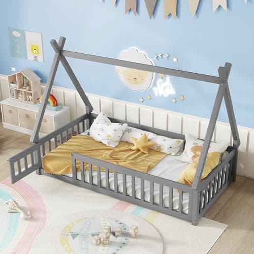 Twin Size Tent-Shaped Montessori Floor Bed with Slats, Guardrails, and Door in Grey