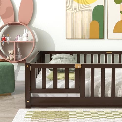 i-POOK Queen Size Montessori Bed Frame with Guardrails and Door in Espresso