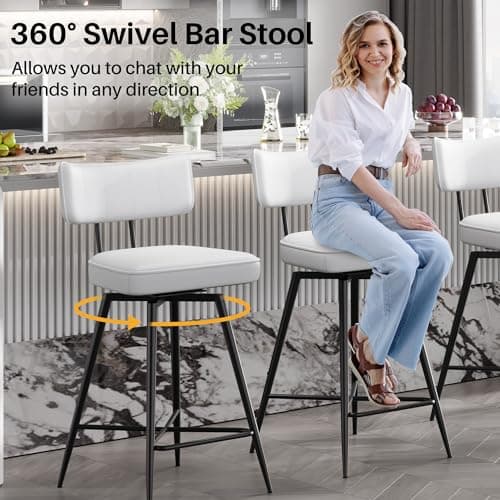 26 Inch White Leather Swivel Bar Stools with Back, Kitchen Counter Set of 2