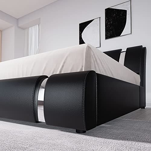 Allewie Black Queen Bed Frame with Iron Decor & Faux Leather Upholstered Platform