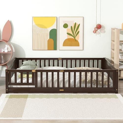 i-POOK Queen Size Montessori Bed Frame with Guardrails and Door in Espresso