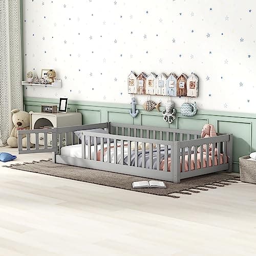 Twin Size Montessori Floor Bed for Kids, Wooden Platform with Rails and Door, Gray