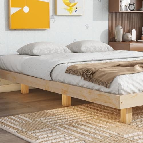 Full Size Floating Bed with LED Lights and Solid Wood Platform Frame