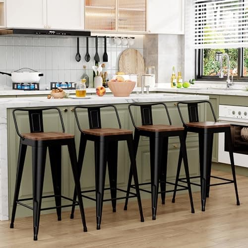 WENTMENT Black Wood Seat Counter Height Bar Stool Set of 4