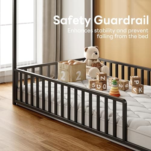 LIKIMIO Twin Metal House Bed with Roof & Fence Guardrails, Black