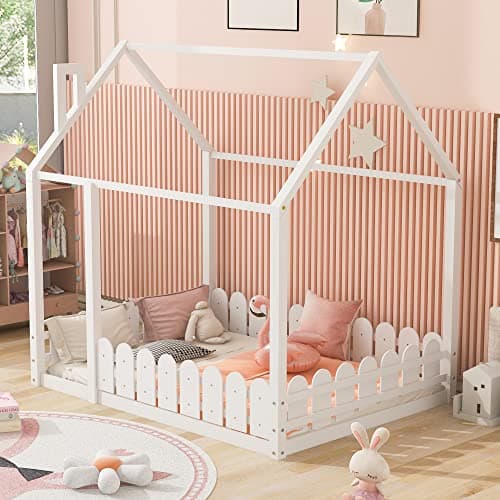 White Wood Cabin Bed Frame for Kids, Teens, Girls, Boys, Adults