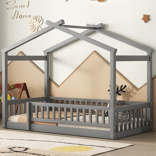 White Wooden Montessori Style Floor Bed with Fence for Kids