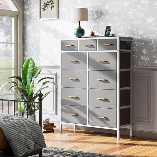 Light Grey AODK Charging Dresser - 52 Inches Tall with 11 Drawers