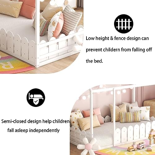 Harper & Bright Twin Montessori Floor Bed with Fence Rails (White)