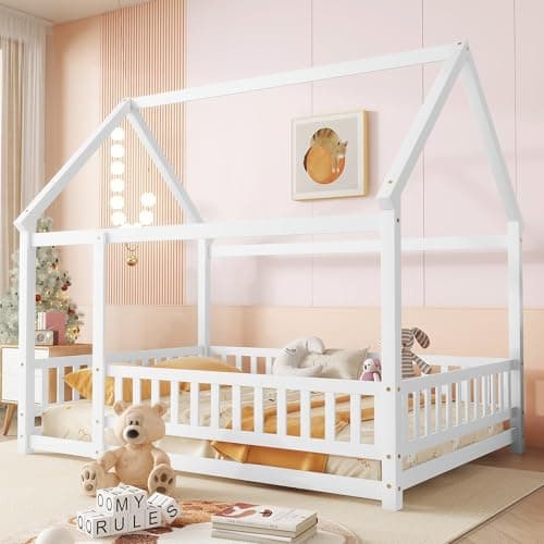 Twin Bed Frames for Kids, Montessori Wood Fence Railings, Natural Tone