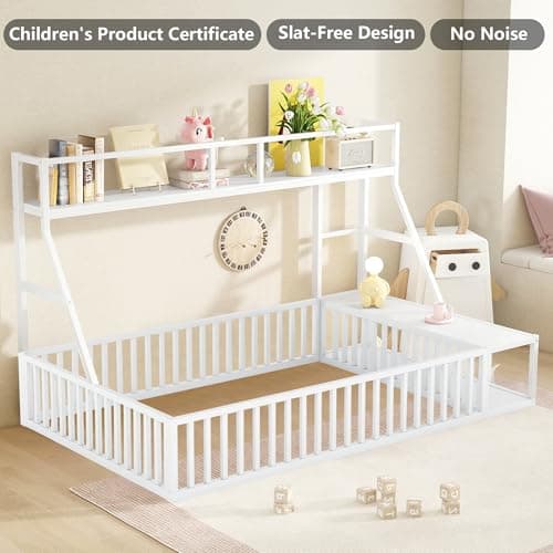 Full Size Kids' Safety Fence Floor Bed with Desk & Storage, Off White