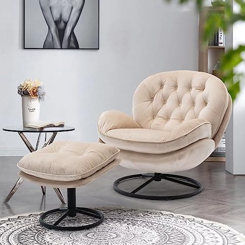 Modern Velvet Swivel Accent Chair with Ottoman in Teal
