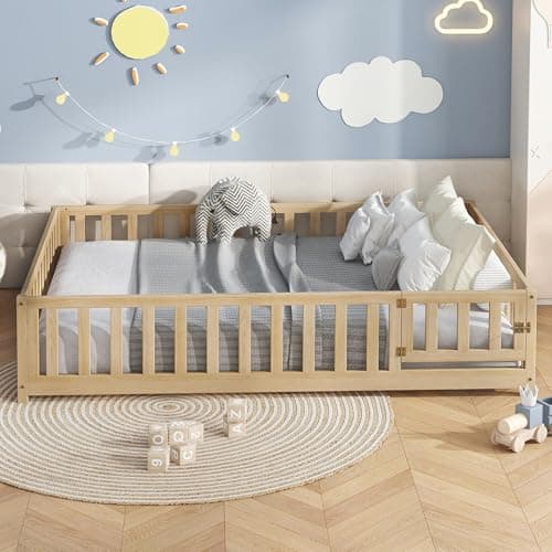 Bellemave Full Size Montessori Bed Frame with Door, Fence & Natural Wood