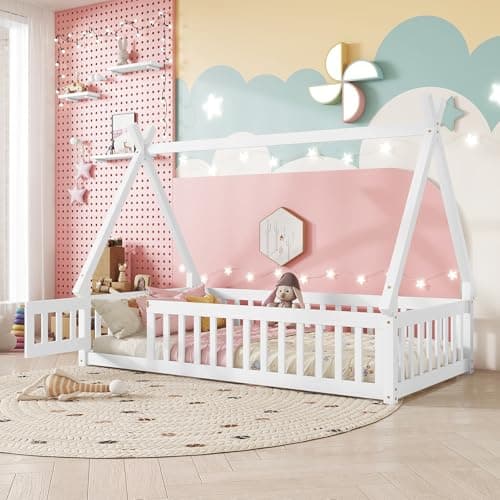 Montessori Full Size Wood Teepee Floor Bed with Slats and Guardrails