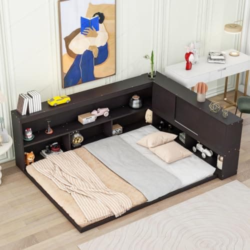 i-POOK L-Shaped Bookcase Corner Bed without Slats, Full Size Bed Frame for Children and Teens, White