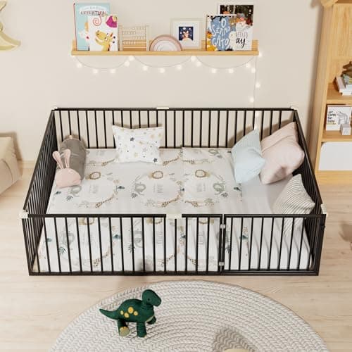 Montessori Metal Floor Bed for Kids with Door & Safety Guards, White