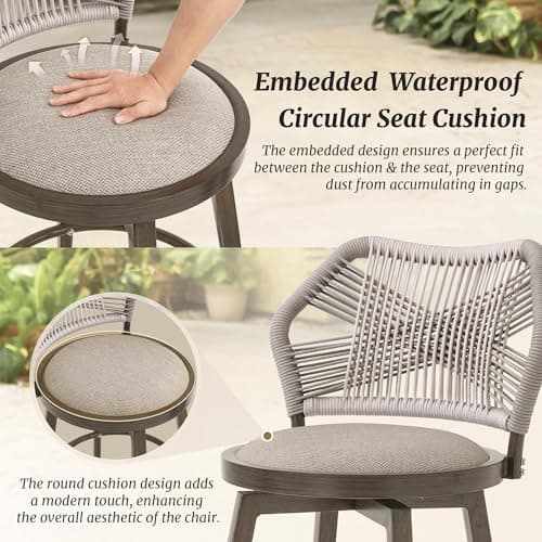 Olefin Rattan 360° Swivel Bar Stools, Set of 4, Boho Patio Kitchen Chairs, Apricot