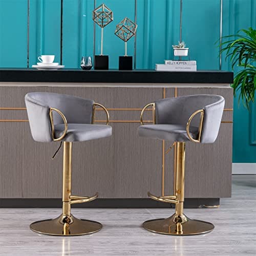 Modern Velvet Swivel Bar Stools Set of 2 with Curved Back and Chrome Footrest, Grey