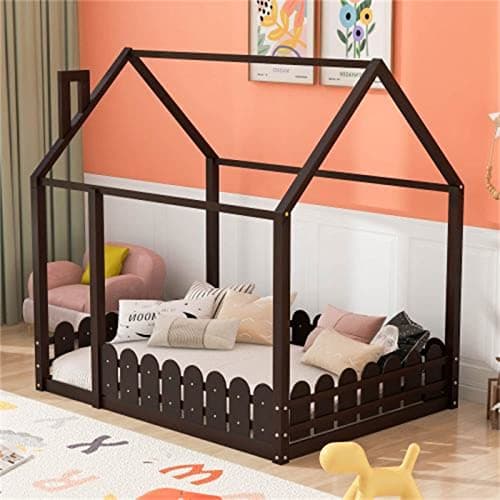 Wood House Bed Frame with Fence & Roof for Kids and Teens, Full Size Floor Bed with Guardrail, Espresso
