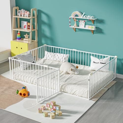 Montessori Metal Floor Bed for Kids with Door & Safety Guards, White