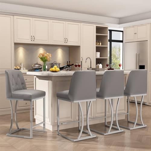 Silver Metal Frame Grey Bar Stools Set of 4 with Footrest