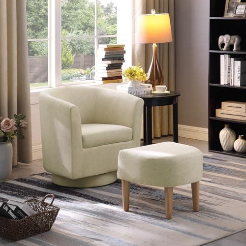 Beige 360 Degree Swivel Accent Chair with Ottoman for Living Room and Bedroom