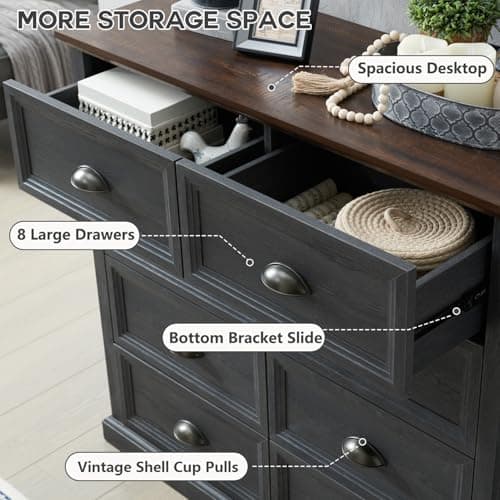 Rustic Dark Grey Farmhouse 8 Drawer Dresser, 39" Tall, Wood Organizer Storage