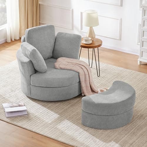 Grey Swivel Barrel Chair with Removable Headrest, Chaise Lounge, Oversized Living Room Chair