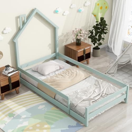 Wood Floor Bed with House-Shaped Headboard and Fences in Green
