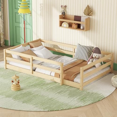 White Full-Size Montessori Floor Bed with Fence and Door