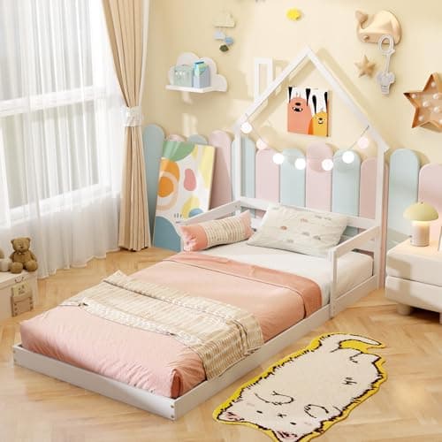 Giantex White Wood Floor Bed for Kids with Chimney Headboard & Handrail