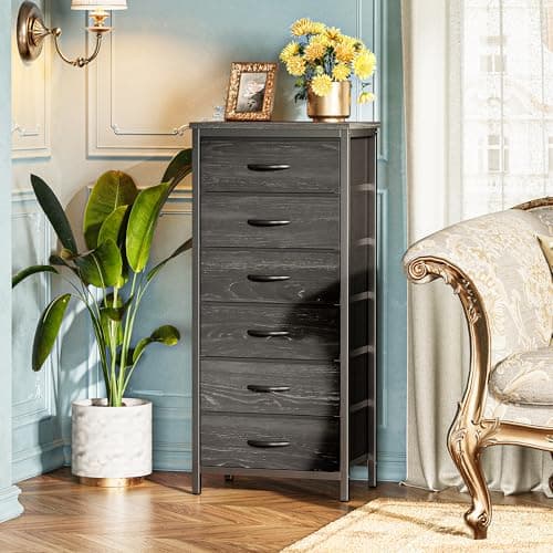 Charcoal Black Wood Grain Print Tall Dresser with 6 Drawers & Metal Frame