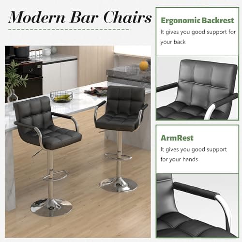 4 Modern PU Leather Bar Stools with Arms and Swivel, Black