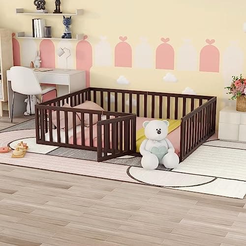 Montessori Floor Bed for Kids in Queen Size, Walnut Wood Frame with Fence and Door