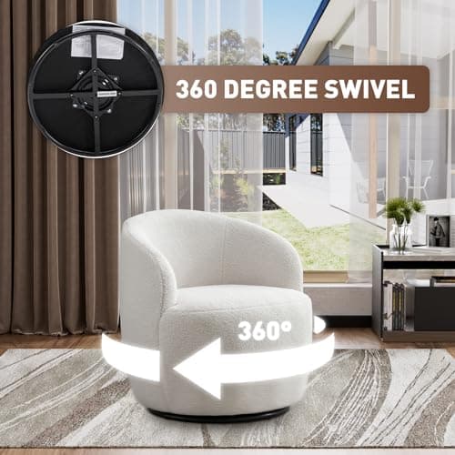 Ivory Boucle Swivel Chair, 360° Rotating Living Room Accent Chair
