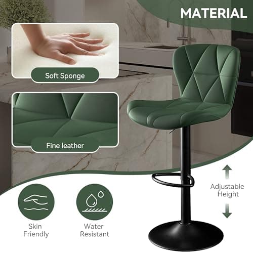 Green Faux Leather Bar Stools Set, Adjustable Swivel Kitchen Chairs