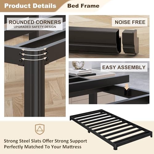 Heavy Duty Black 3 Inch Low Twin Bed Frame with Rounded Corners