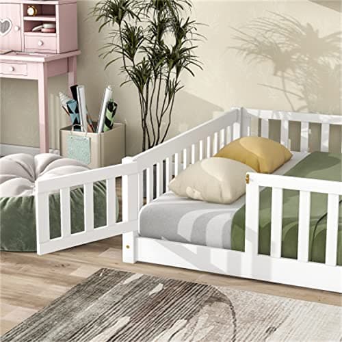 Full Size Montessori Floor Bed for Children, Solid Wood Frame with Safety Guardrails, White