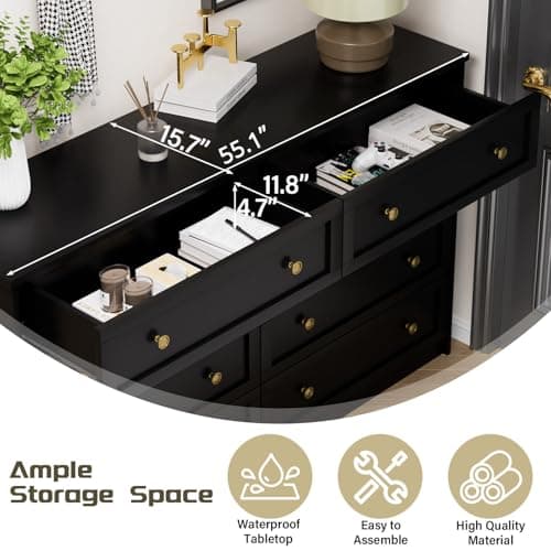 Black 8 Drawer Double Dresser - 55.1" Wide with Large Storage