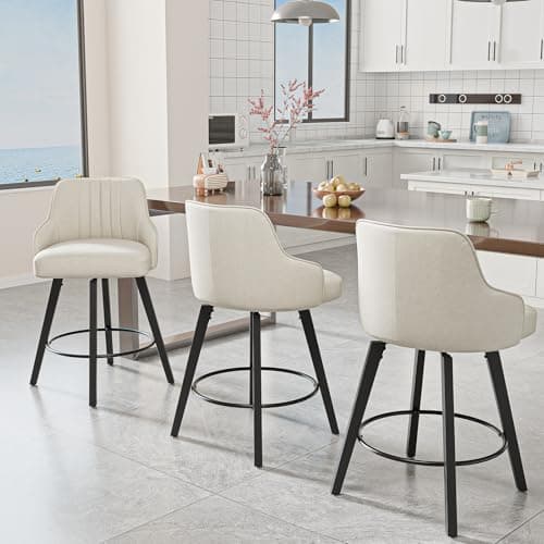 VINGLI 26" Swivel Barstool Set, Beige Linen Fabric, Kitchen Counter Height