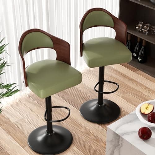 Adjustable Height Wooden Bar Stools Set of 2 with PU Leather Seat & Footrest